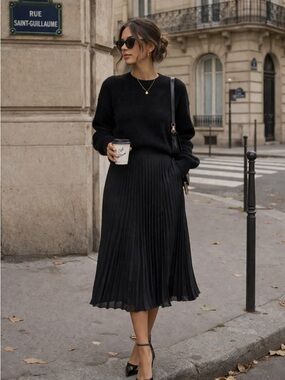 Pleated Black Midi Skirt Size Large Flowy Contemporary Minimal Staple Capsule